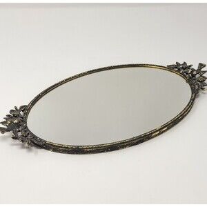 Vintage Black Gold Metal Vanity Tray Wall Decor Floral Bird Oval